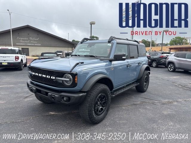 2023 Ford Bronco Wildtrak in Azure Gray Metallic Tri-Coat — front three-quarter view