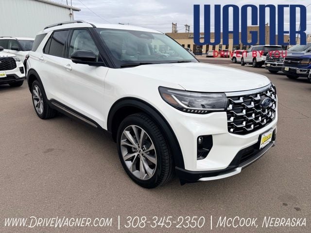2025 Ford Explorer Platinum in White Metallic — front three-quarter view